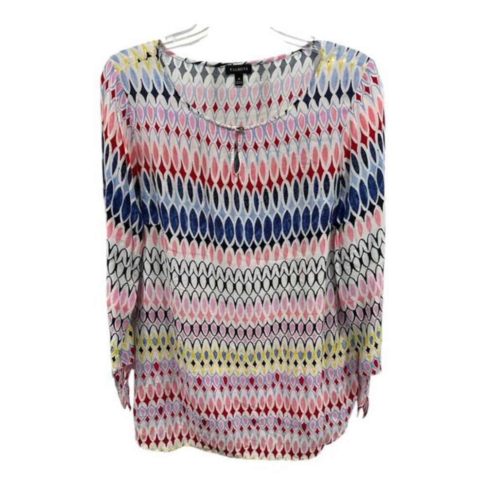 Talbots‎ Women's SZ M Geometric Print Blouse Multicolor Long Sleeve Casual